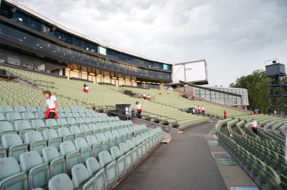 Bregenz outdoor theater: rear view of the audience seats and indoor lounge