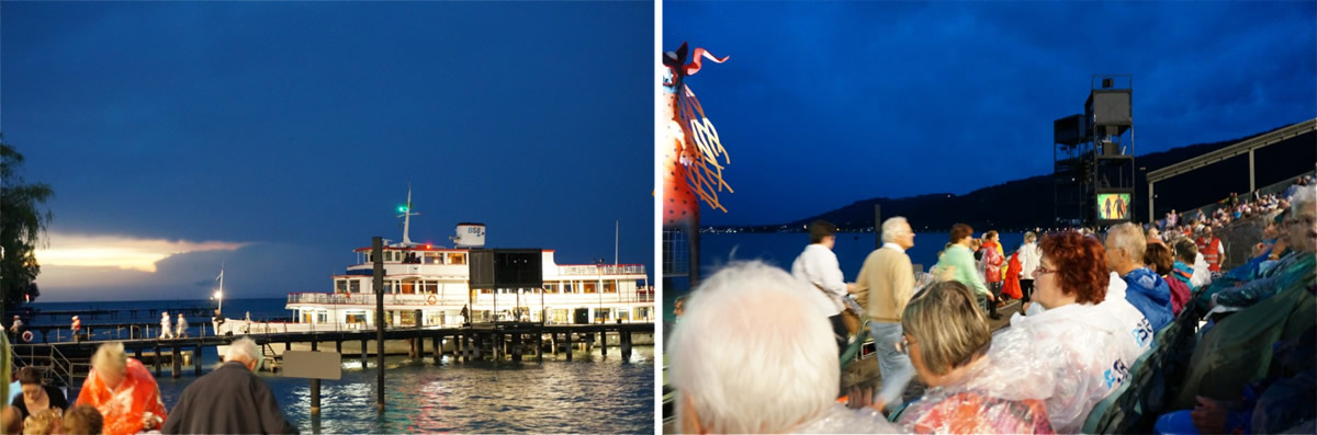 Bregenz Festival The Magic Flute - Boat arriving at the dock and audience