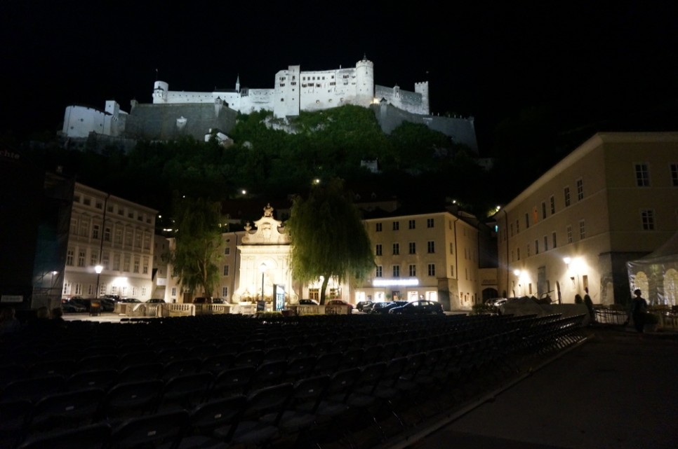 Even on a late evening after the performance, Salzburg Castle is brightly lit with landscape lighting.